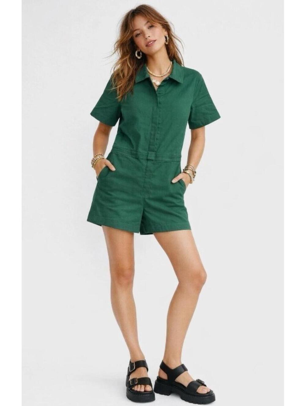 For Days Women's Twill SS Romper Forest Green Size Small
